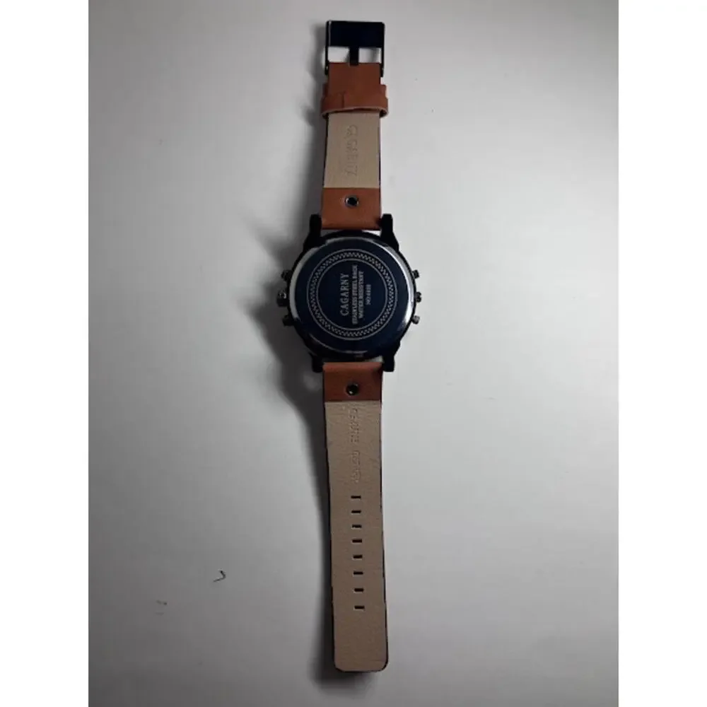 Cagarny Double Time Watch Quartz 6820 Tan Leather Band Water Res Military 52mm